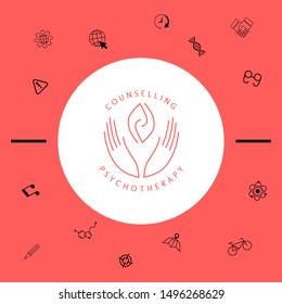 Logotype - hands support two hemispheres of the brain, two leaves, two spirals, fire tongues - a symbol of interaction, clarity, psychological assistance and support.