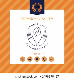 Logotype - hands support two hemispheres of the brain, two leaves, two spirals, fire tongues - a symbol of interaction, clarity, psychological assistance and support.
