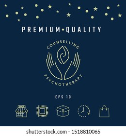 Logotype - hands support two hemispheres of the brain, two leaves, two spirals, fire tongues - a symbol of interaction, clarity, psychological assistance and support.