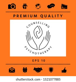 Logotype - hands support two hemispheres of the brain, two leaves, two spirals, fire tongues - a symbol of interaction, clarity, psychological assistance and support.