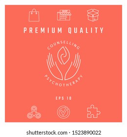 Logotype - hands support two hemispheres of the brain, two leaves, two spirals, fire tongues - a symbol of interaction, clarity, psychological assistance and support.