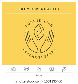 Logotype - hands support two hemispheres of the brain, two leaves, two spirals, fire tongues - a symbol of interaction, clarity, psychological assistance and support.