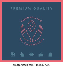 Logotype - hands support two hemispheres of the brain, two leaves, two spirals, fire tongues - a symbol of interaction, clarity, psychological assistance and support.