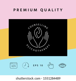 Logotype - hands support two hemispheres of the brain, two leaves, two spirals, fire tongues - a symbol of interaction, clarity, psychological assistance and support.