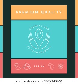 Logotype - hands support two hemispheres of the brain, two leaves, two spirals, fire tongues - a symbol of interaction, clarity, psychological assistance and support.