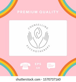 Logotype - hands support two hemispheres of the brain, two leaves, two spirals, fire tongues - a symbol of interaction, clarity, psychological assistance and support.