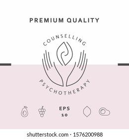 Logotype - hands support two hemispheres of the brain, two leaves, two spirals, fire tongues - a symbol of interaction, clarity, psychological assistance and support.
