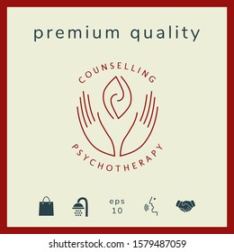Logotype - hands support two hemispheres of the brain, two leaves, two spirals, fire tongues - a symbol of interaction, clarity, psychological assistance and support.