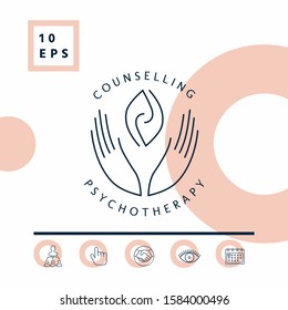 Logotype - hands support two hemispheres of the brain, two leaves, two spirals, fire tongues - a symbol of interaction, clarity, psychological assistance and support.