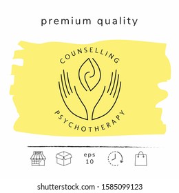 Logotype - hands support two hemispheres of the brain, two leaves, two spirals, fire tongues - a symbol of interaction, clarity, psychological assistance and support.