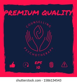 Logotype - hands support two hemispheres of the brain, two leaves, two spirals, fire tongues - a symbol of interaction, clarity, psychological assistance and support.