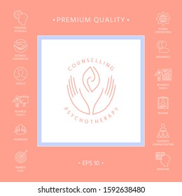 Logotype - hands support two hemispheres of the brain, two leaves, two spirals, fire tongues - a symbol of interaction, clarity, psychological assistance and support.