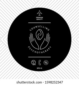 Logotype - hands support two hemispheres of the brain, two leaves, two spirals, fire tongues - a symbol of interaction, clarity, psychological assistance and support.