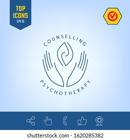 Logotype - hands support two hemispheres of the brain, two leaves, two spirals, fire tongues - a symbol of interaction, clarity, psychological assistance and support.