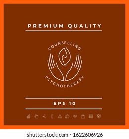 Logotype - hands support two hemispheres of the brain, two leaves, two spirals, fire tongues - a symbol of interaction, clarity, psychological assistance and support.