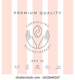 Logotype - hands support two hemispheres of the brain, two leaves, two spirals, fire tongues - a symbol of interaction, clarity, psychological assistance and support.