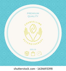 Logotype - hands support two hemispheres of the brain, two leaves, two spirals, fire tongues - a symbol of interaction, clarity, psychological assistance and support.