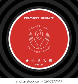 Logotype - hands support two hemispheres of the brain, two leaves, two spirals, fire tongues - a symbol of interaction, clarity, psychological assistance and support.