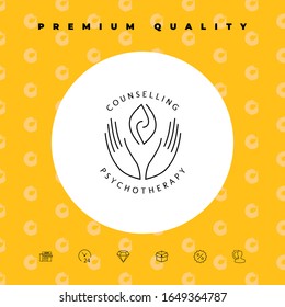 Logotype - hands support two hemispheres of the brain, two leaves, two spirals, fire tongues - a symbol of interaction, clarity, psychological assistance and support.