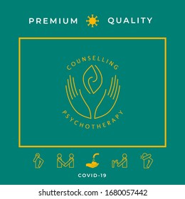 Logotype - Hände unterstützen zwei Hemisphären des Gehirns, zwei Blätter, zwei Spiralen, Feuerzungen - ein Symbol für Interaktion, Klarheit, psychologische Hilfe und Unterstützung.