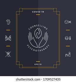 Logotype - hands support two hemispheres of the brain, two leaves, two spirals, fire tongues - a symbol of interaction, clarity, psychological assistance and support.