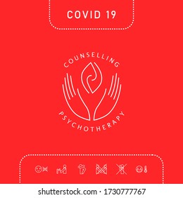 Logotype - hands support two hemispheres of the brain, two leaves, two spirals, fire tongues - a symbol of interaction, clarity, psychological assistance and support.