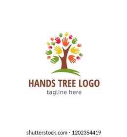 Logotype hands tree, logo vector for shop, store, social program, institute