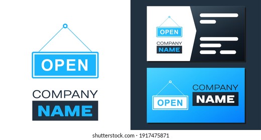 Logotipo Signo de colgando con texto Icono de apertura de puerta aislado en fondo blanco. Elemento de plantilla de diseño de logotipo. Vector.