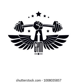 Logotype for heavyweight gym or fitness sport gymnasium, winged retro stylized vector emblem or badge With barbell and strong hand fist.