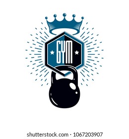 Logotype for heavyweight gym or fitness sport gymnasium, retro style vector emblem. With kettlebell.