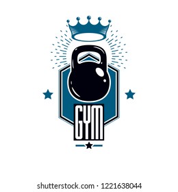 Logotype for heavyweight gym or fitness sport gymnasium, retro style vector emblem. With kettlebell.