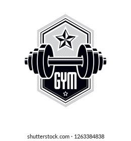 Logotype for heavyweight gym or fitness sport gymnasium, vintage style vector emblem. With barbell.