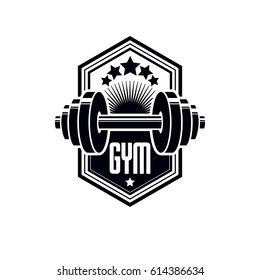 Logotype for heavyweight gym or fitness sport gymnasium, vintage style vector emblem. With barbell.