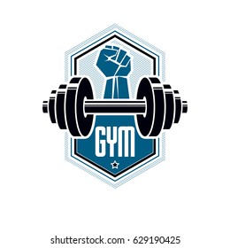 Logotype for heavyweight gym or fitness sport gymnasium, vintage style vector emblem. With barbell.