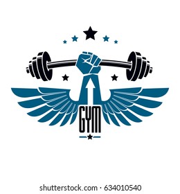 Logotype for heavyweight gym or fitness sport gymnasium, winged retro stylized vector emblem or badge With barbell and strong hand fist.