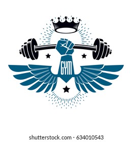 Logotype for heavyweight gym or fitness sport gymnasium, winged retro stylized vector emblem or badge With barbell and strong hand fist.