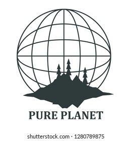 Logotype with home planet sphere and forest, rock mountain island. Earth day concept. Eco friendly life icon. Isolated flat vector illustration. Nature safe environment symbol.
