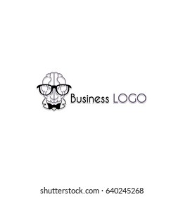 Logotype of human brains with sunglasses on a white background in cartoon style. Emblem for companies with a psychological, creative direction. Vector illustration
