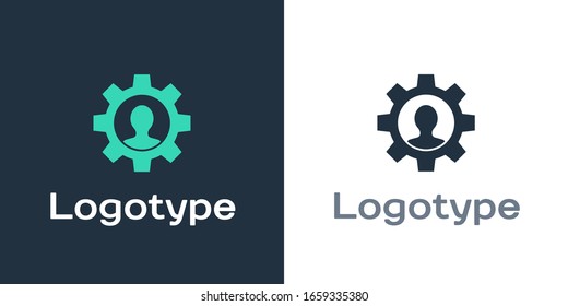 Logotype Human with gear inside icon isolated on white background. Artificial intelligence. Thinking brain sign. Symbol work of brain. Logo design template element. Vector Illustration