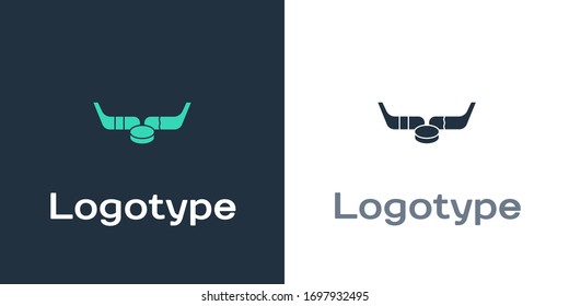 Logotype Ice hockey sticks and puck icon isolated on white background. Game start. Logo design template element. Vector Illustration