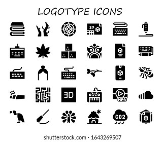 Logo-Symbol-Set. 30 gefüllte Logotypsymbole.  Einfache, moderne Symbole wie: Decken, Verzweigungen, gewachsenes Glas, d, Tastatur, Marijuana, Zuckerwürfel, Drachen, Bögen, Zweig, Ant, Maze