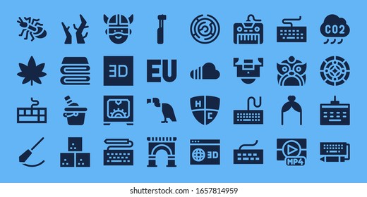 logotype icon set. 32 filled logotype icons. on blue background style Simple modern icons such as: Ant, Marijuana, Keyboard, Pendulum, Branches, Blanket, Ice bucket, Sugar cube