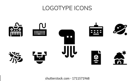 logotype icon set. 9 filled logotype icons. Included Octopus, Field, Keyboard, Ant, Cabin, Orbit, d icons
