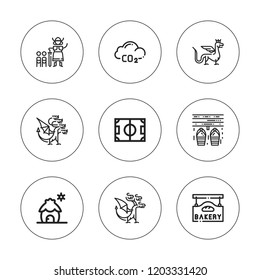 Logotype icon set. collection of 9 outline logotype icons with bakery, cabin, co, dragon, field, pier icons. editable icons.