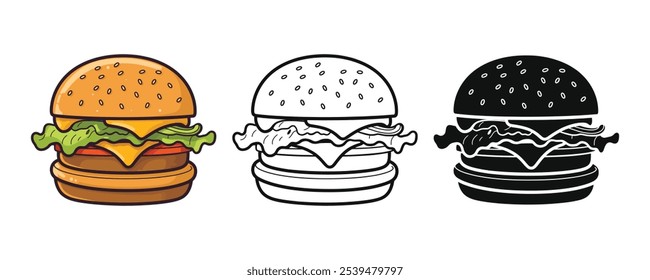 Iconos de logotipo, ilustración de hamburguesa, contorno, siluetas aisladas sobre fondo blanco.