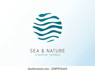 Logotype idea. Water wave, blue sea circle concept. Abstract logo for business company. Cosmetic brand design element. Eco ocean, nature, swimming pool, spa, aqua swirl Colorful Vector line icon