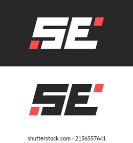 Logotype initials SE or ES letters monogram italic font, technology logo set, combination two black and white letters S and E with red squares geometric shape.