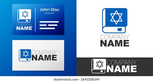 Logotype Jewish torah book icon isolated on white background. On the cover of the Bible is the image of the Star of David. Logo design template element. Vector