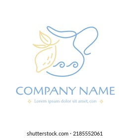 Logotype with jug for oil or wine and lemon in greek style, vector isolated line art illustration.