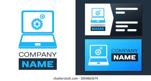 Logotype Laptop and gears icon isolated on white background. Adjusting app, service, setting options, maintenance, repair, fixing laptop concepts. Logo design template element. Vector.